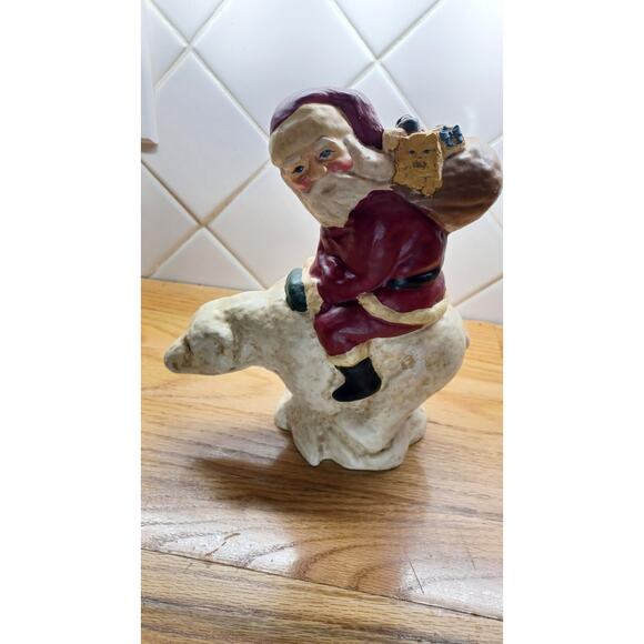 Vintage Christmas Klaus Wickl Chalk Santa Claus Riding A Polar Bear Figurine‎ 9” - Picture 1 of 8